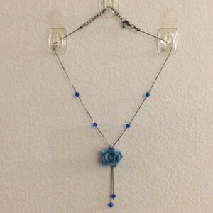 2/$15 Item10 Necklace 16 in silver tone chain blue beads blue rose pendant